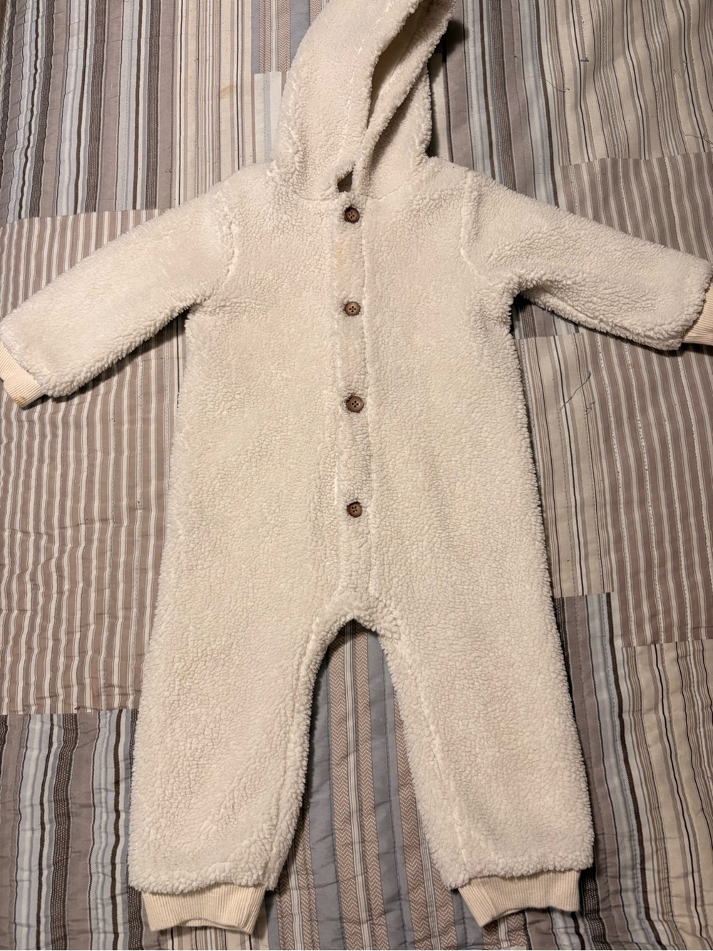 Cream Sherpa Hooded Baby One-Piece Romper